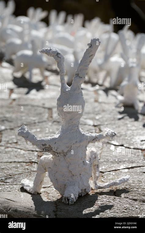 Big White Rabbit Statue Made Of Plaster Back View Outdoor Art