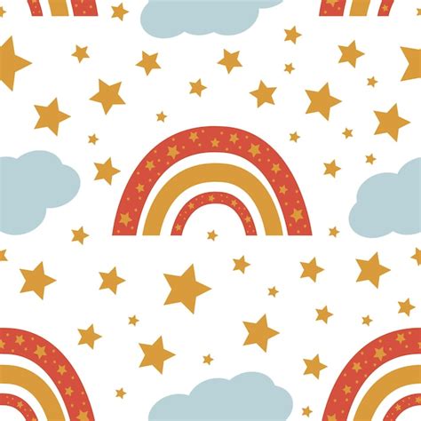 Premium Vector Seamless Pattern With Rainbows Stars And Clouds Flat