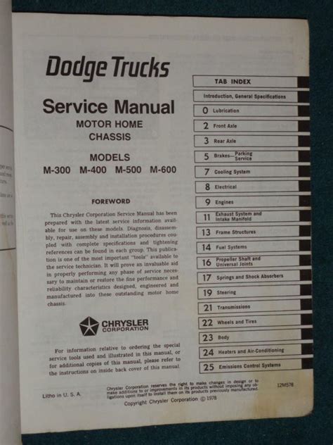 Purchase Dodge Motor Home Shop Manual Original Mopar Book