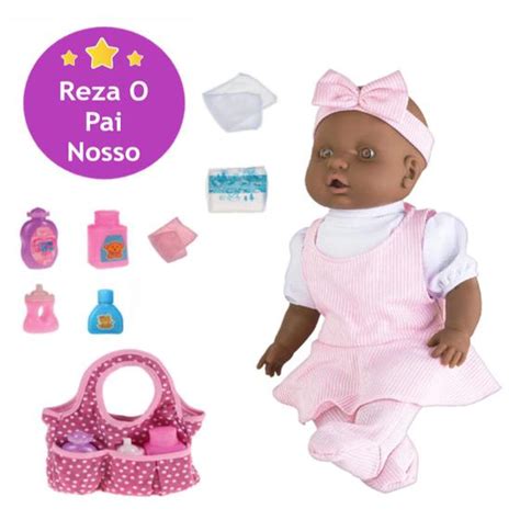 Boneca Oração Reza Pai Nosso Judy Negra Bolsa Maternidade Milk