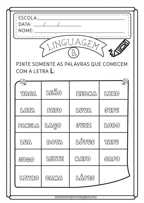 Notebook Da Prof Atividades Letra L Reconhecimento Gr Fico E Sonoro