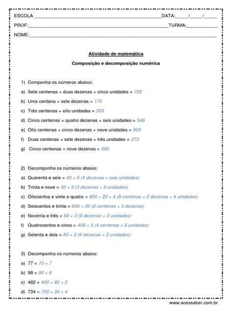 Atividade De Matematica Composicao E Decomposicao Numerica Respostas 4º Ou 5º Ano 1 Pdf