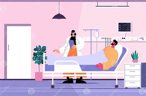 Nurse Taking Care Of Sick Man Patient Lying In Hospital Bed Care