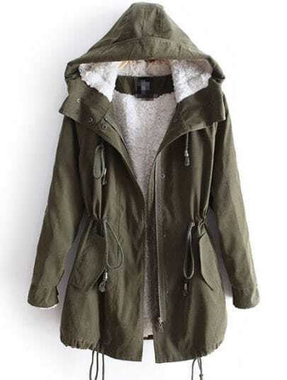 Green Hooded Long Sleeve Drawstring Pockets Fleece Coat Shein Sheinside