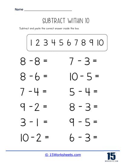 Subtract Within 10 Worksheets 15