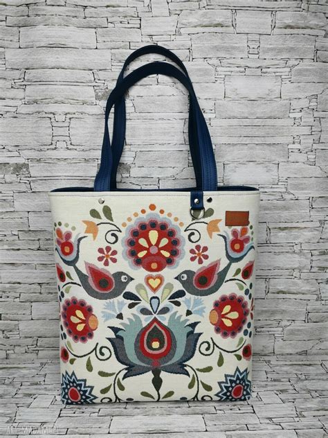 Torebka Damska Shopper Na Rami Zamykana Gobelin Kwiaty Folk Art Madam Pl