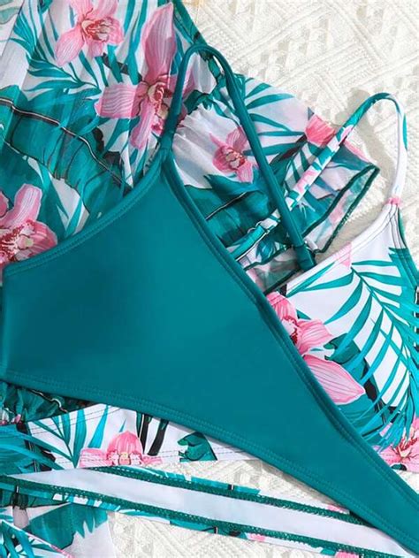 Shein Teen Girls Tropical Print Criss Cross Bikini Swimsuit With Kimono