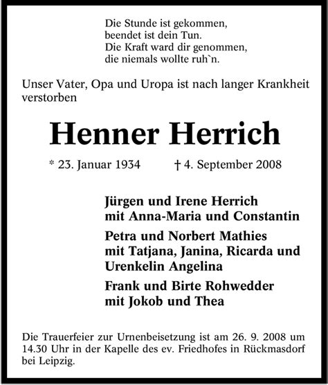 Traueranzeigen Von Henner Herrich Trauer In Nrw De