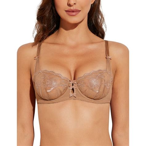 Deyllo Womens Embroidered Lace Unlined Bra Plus Size 12 Cup Demi Sheer See Through Underwire