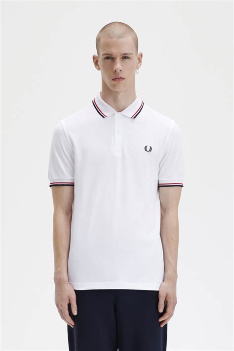 M3600 White Bright Red Navy The Fred Perry Shirt Mens Short