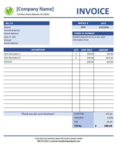 Simple Excel Blue Invoice Template Auto Calculate Total Instant