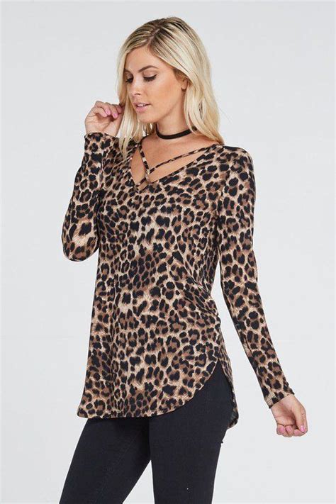 Long Sleeve Animal Print Criss Cross Neckline Tunic Top Poly