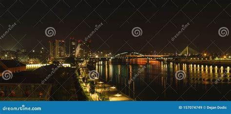 Belgrade Serbia At Night Wide Panoramic View Editorial Stock Image