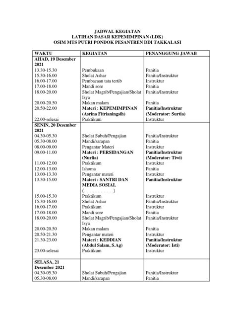 Jadwal Kegiatan Ldk Mts Putri Pdf