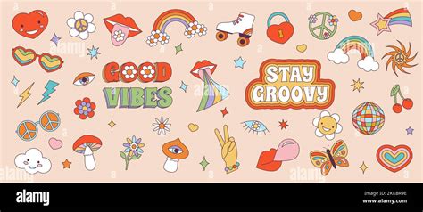 Juego De Stickers Retro S Groovy Hippie Elementos Psicod Licos De