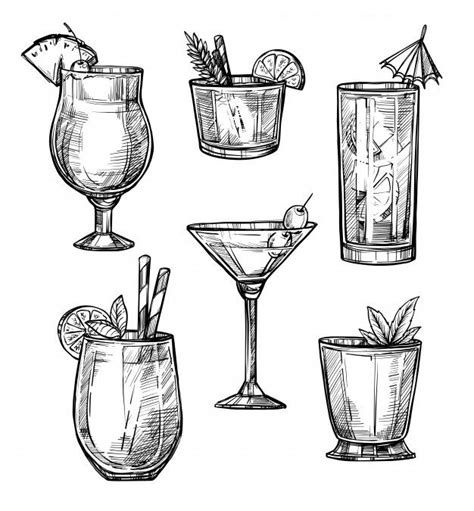 Alcoholic Cocktail Hand Drawn Sketch Set Cocktails Drawing Ink