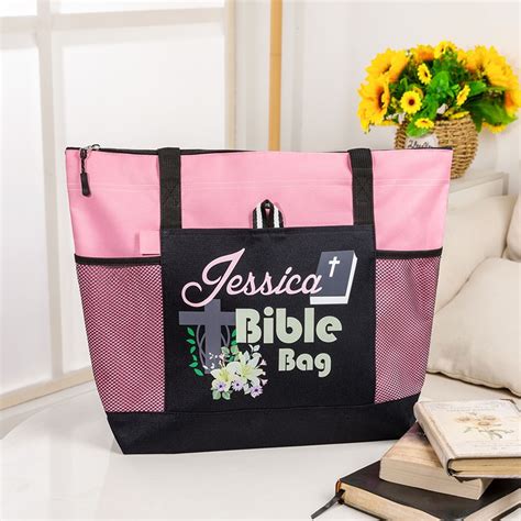 Personalized Cross & Flowers Bible Tote Bag, Custom Bible Study Bag ...