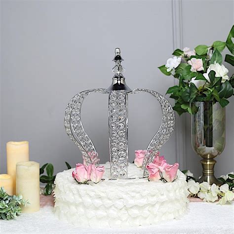 Balsacircle 16 Silver Crystal Beaded Metal Crown Cake Topper Birthday