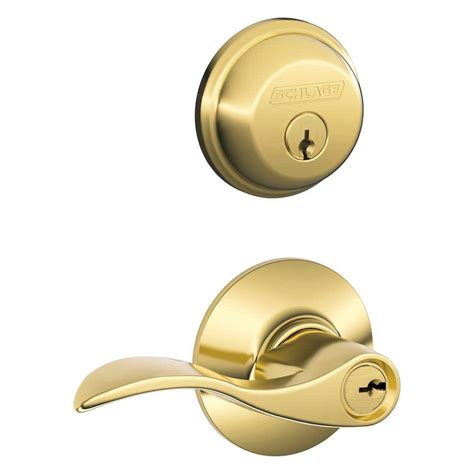 Schlage Accent Bright Brass Single Cylinder Deadbolt And Keyed Entry Door Handle Combo Pack