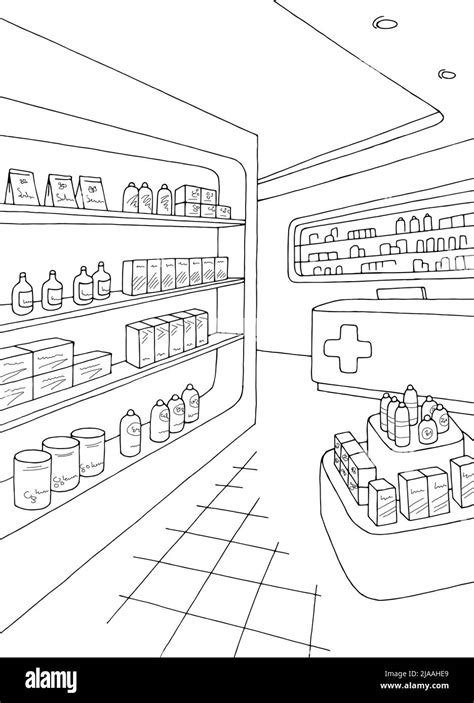 Pharmacy Interior Graphic Store Shop Black White Vertical Sketch