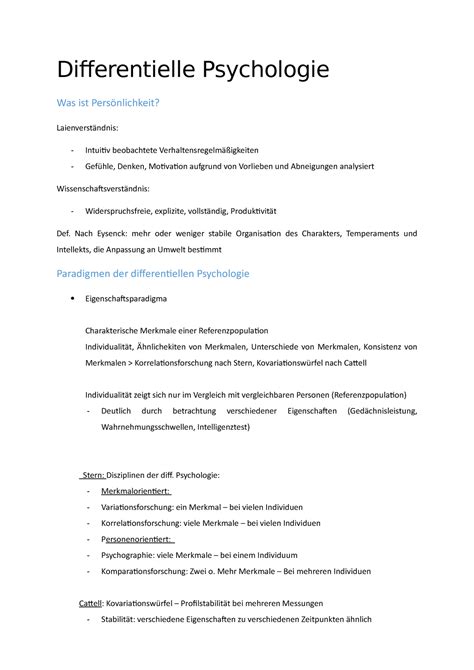 Zusammenfassung Differentielle Psychologie Differentielle Psychologie