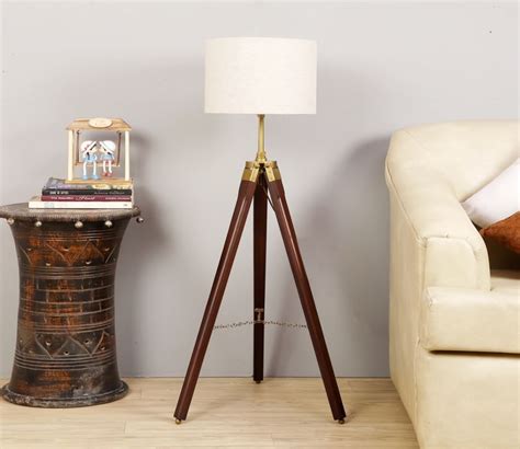 Buy White Fabric Shade Tripod Floor Lamp With Brown Wooden Base At