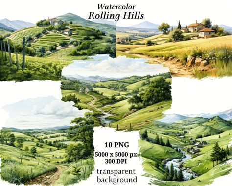 Rolling Hills Clipart 10 High Quality Pngs Watercolor Art Digital