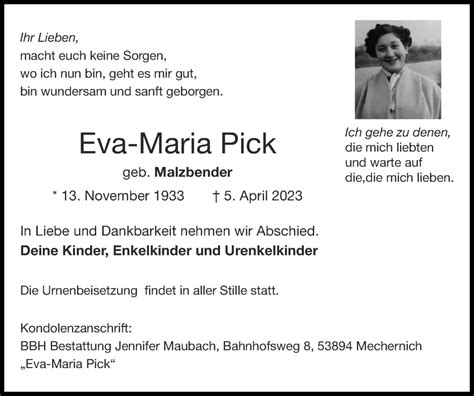 Traueranzeigen Von Eva Maria Pick Aachen Gedenkt