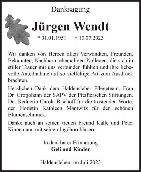 Traueranzeigen Von J Rgen Wendt Abschied Nehmen De