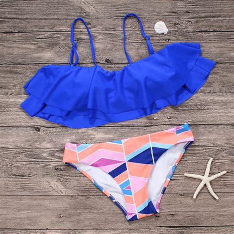 Ruffle Bikini Set Geometric Print Bikini Brazilian Push Up Bathing Suit Padded Swimsuit Padded