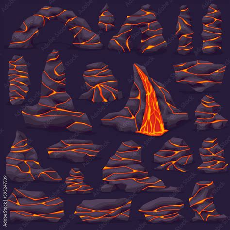 Volcano Ground Rock Stone With Lava In Cracks Lava Rock With Crack Vector Illustration Set