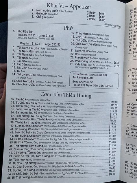 Menu at Com Tam Thien Huong restaurant, San Jose, E Capitol Expy