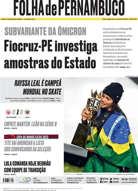 Capa Folha de Pernambuco Edição Segunda 7 de Novembro de 2022