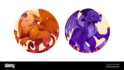 Griffin And Dragon Cartoon Vector Icon Set Gryphon Beast Game