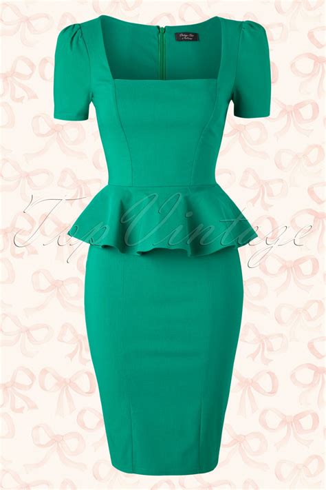 50s Clarissa Peplum Dress In Emerald Green