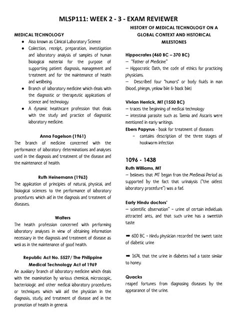 Reviewer MLSP MEDICAL TECHNOLOGY Also Known As Clinical Laboratory