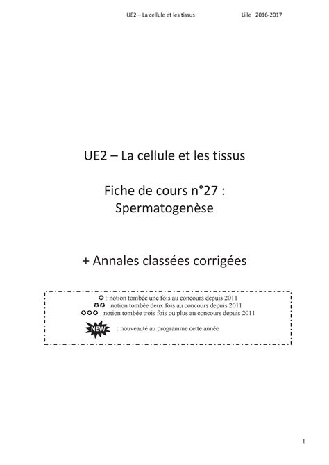 Cours Sur La Spermatogen Se Ue La Cellule Et Les Tissus Fiche De