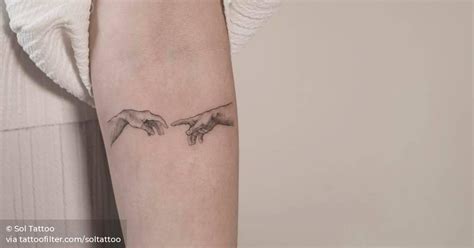 The Creation Of Adam Inspired Fine Line Style Tattoo On