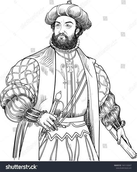 Vasco Da Gama Portrait Line Art Stock Vector Royalty Free 1441132667