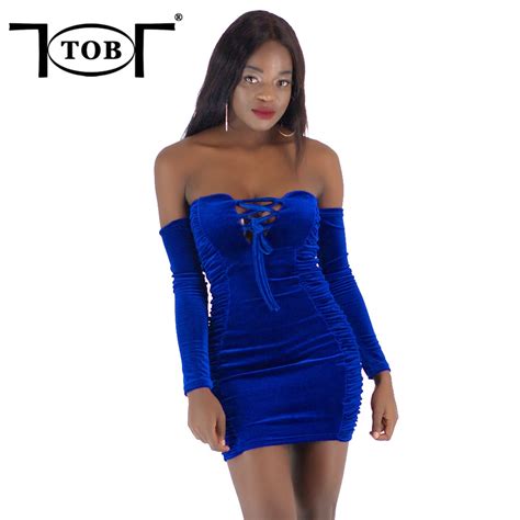 Tob Sexy Velvet Ruched Off The Shoulder Lace Up Dress Women 2018 Spring