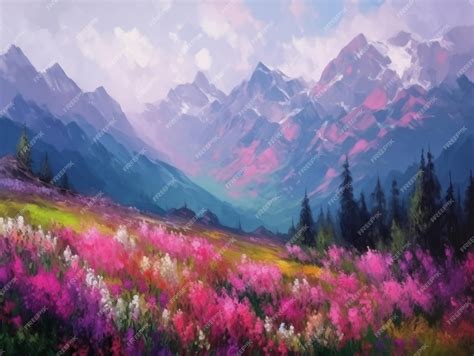 Premium AI Image | A painting of mountains and flowers in the mountains.