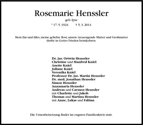 Traueranzeigen Von Rosemarie Henssler Stuttgart Gedenkt De