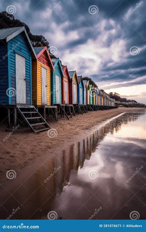 Colorful Beach Huts Lined Up On The Shore Stock Illustration