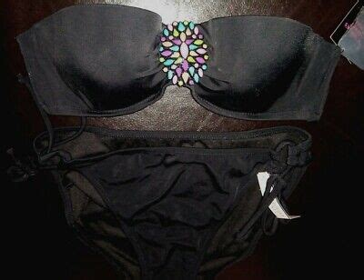 Victoria S Secret Bikini Flirt Bandeau Set 34b Black String Side Tie