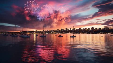 Premium Photo Fireworks Are Lit Up Over A City Skyline As Boats Float