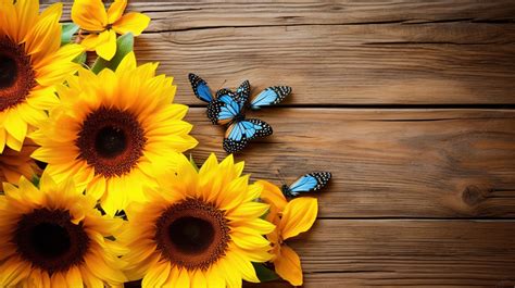 Gorgeous Sunflower And Butterfly Resting On A Textured Wooden Background, Sunflower, Sunflower ...