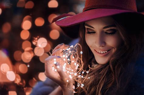 Wallpaper Brunette Face Portrait Bokeh Women Outdoors Lights Long Hair Smiling