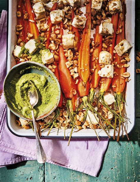 Roasted new carrots with feta and peanuts
