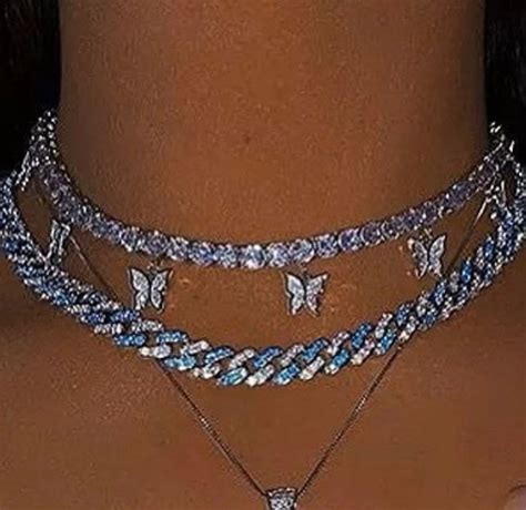 Piece Set Blue Cuban Butterfly Tennis Choker Cz Tennis Butterfly