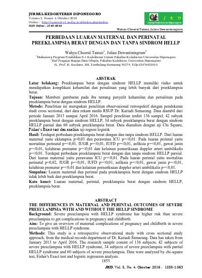 Perbedaan Luaran Maternal Dan Perinatal Preeklampsia Berat Dengan Dan